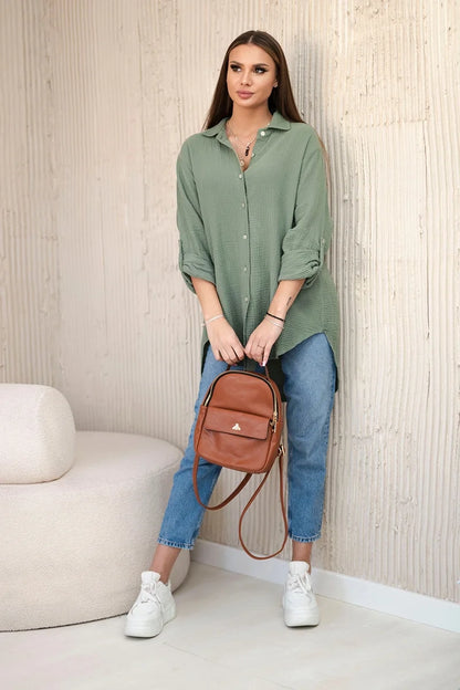 Bavlnená mušelínová košeľa oversize khaki univerzálne