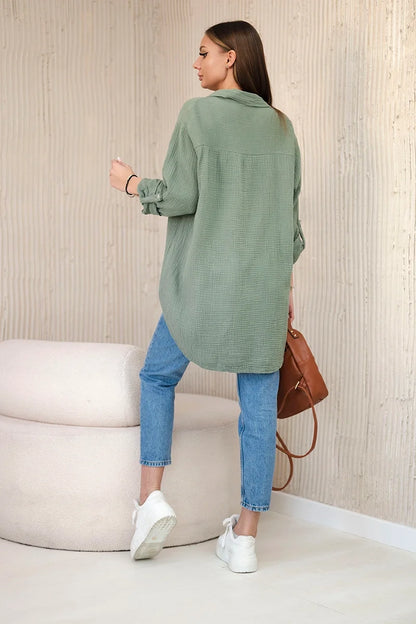 Bavlnená mušelínová košeľa oversize khaki univerzálne