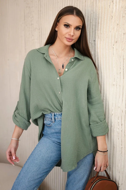 Bavlnená mušelínová košeľa oversize khaki univerzálne