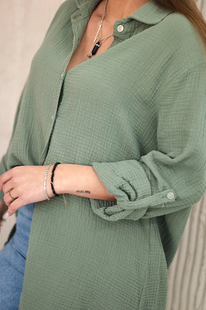 Bavlnená mušelínová košeľa oversize khaki univerzálne