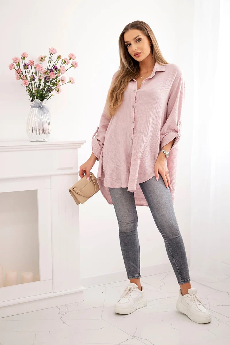 Bavlnená mušelínová košeľa Plus Size tmavá púdrová ružová univerzálne