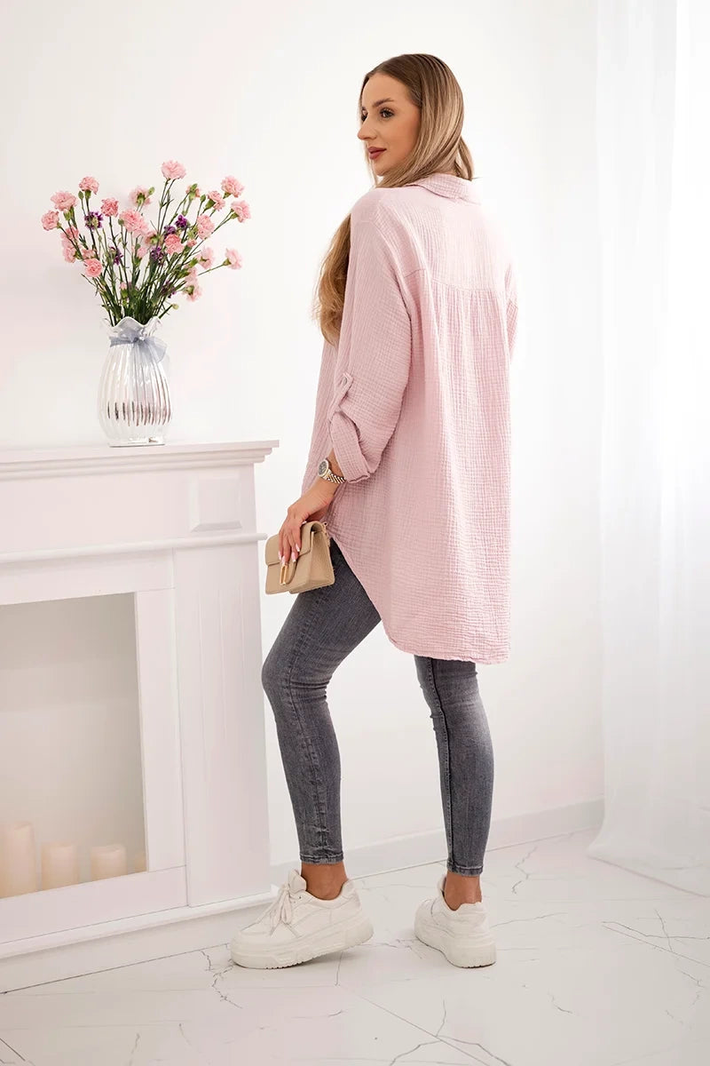 Bavlnená mušelínová košeľa Plus Size tmavá púdrová ružová univerzálne