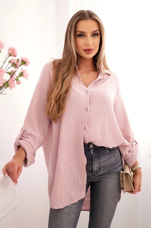 Bavlnená mušelínová košeľa Plus Size tmavá púdrová ružová univerzálne