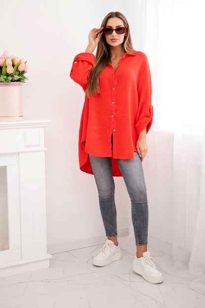 Bavlnená mušelínová košeľa Plus Size červený univerzálne