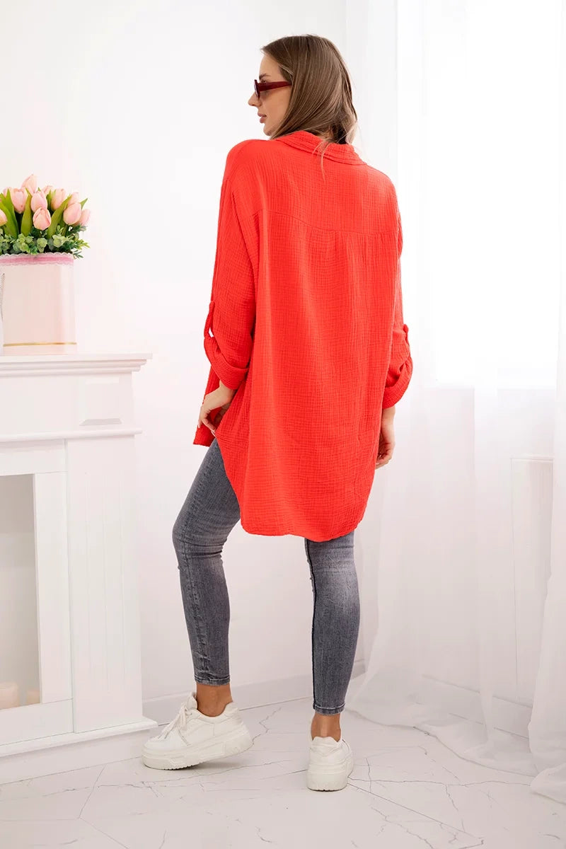 Bavlnená mušelínová košeľa Plus Size červený univerzálne