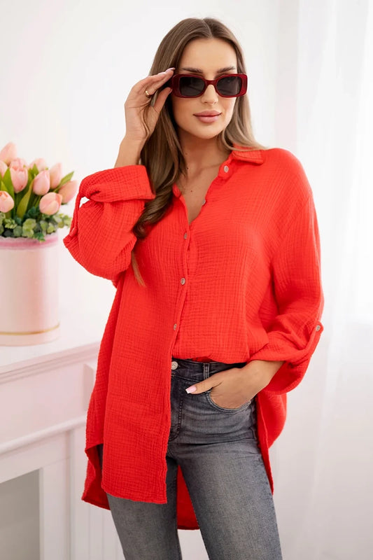 Bavlnená mušelínová košeľa Plus Size červený univerzálne