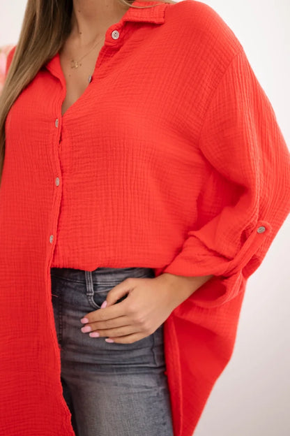 Bavlnená mušelínová košeľa Plus Size červený univerzálne