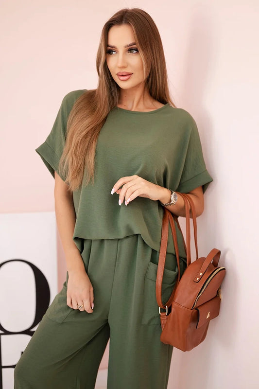 Komplet z viskózy halenka a kalhoty khaki