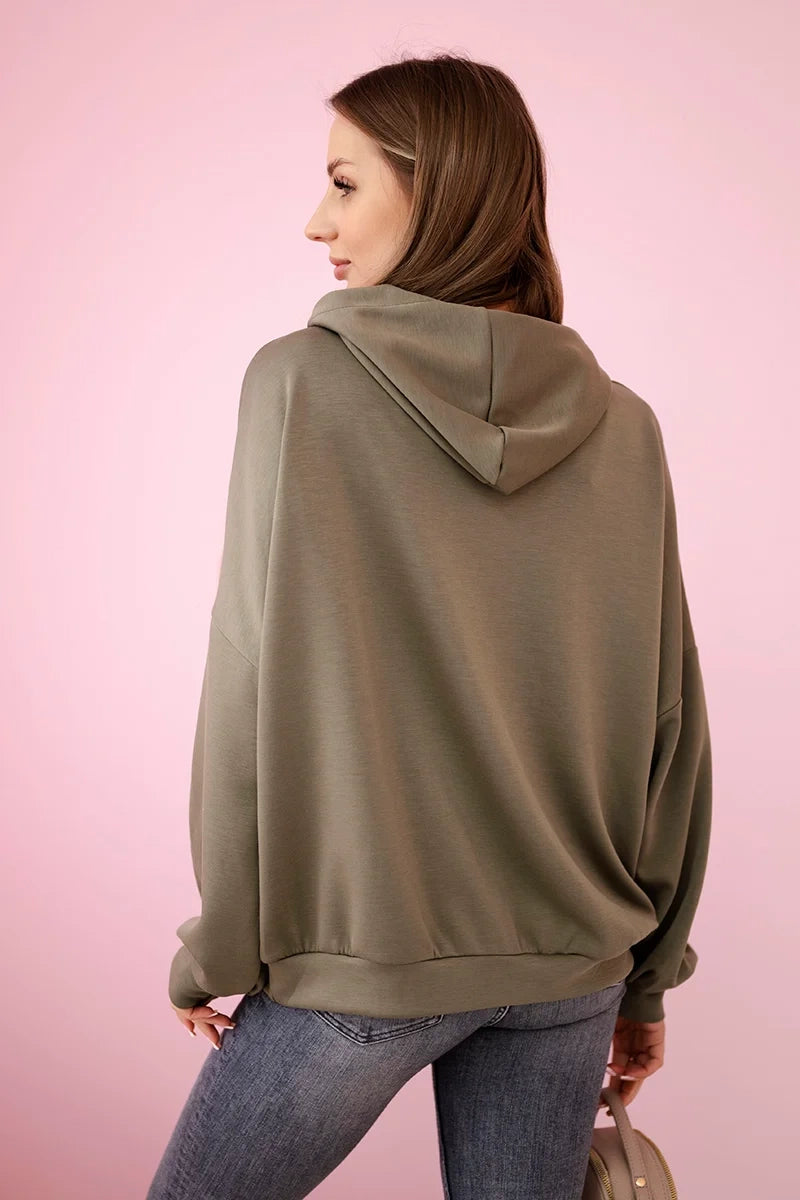 Mikina s kapucňou z materiálu masielko khaki univerzálne