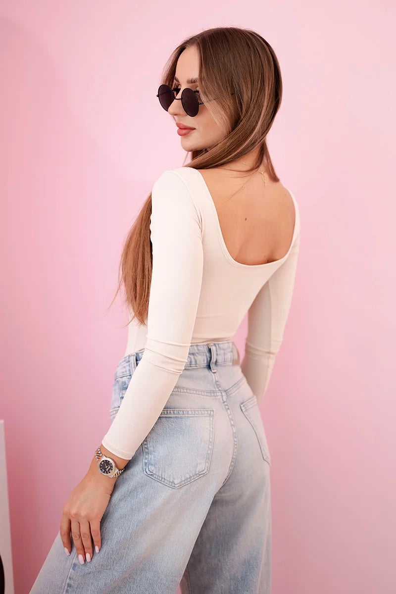 Dámske body blúzka s dlhým rukávom a hlbokým výstrihom béžový univerzálne