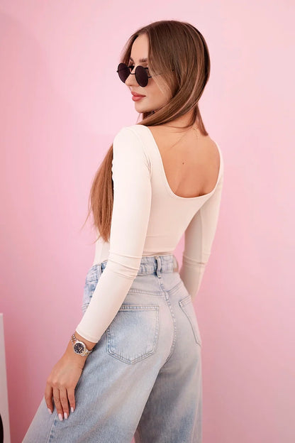 Dámske body blúzka s dlhým rukávom a hlbokým výstrihom béžový univerzálne