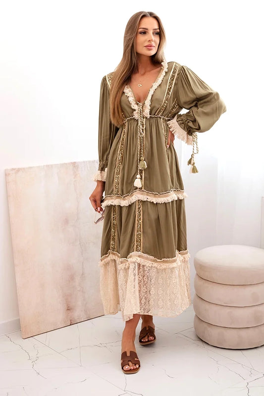Dámske boho šaty s čipkou khaki univerzálne