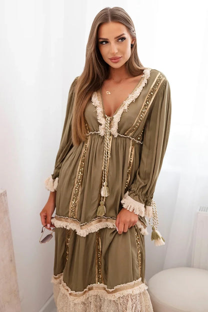 Dámske boho šaty s čipkou khaki univerzálne