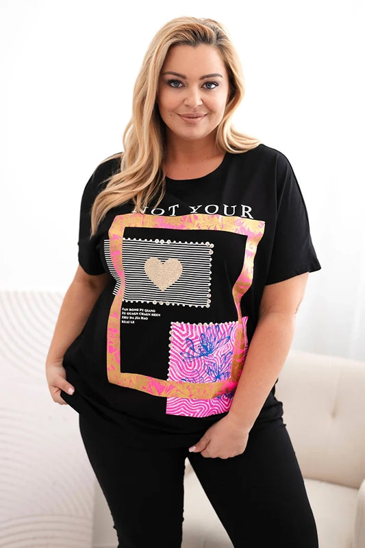 Dámska bavlnená blúzka Plus Size so zlatým nápisom čierna + ružová univerzálne