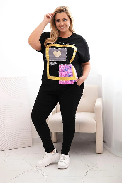 Dámska bavlnená blúzka Plus Size so zlatým nápisom čierna + žltá univerzálne
