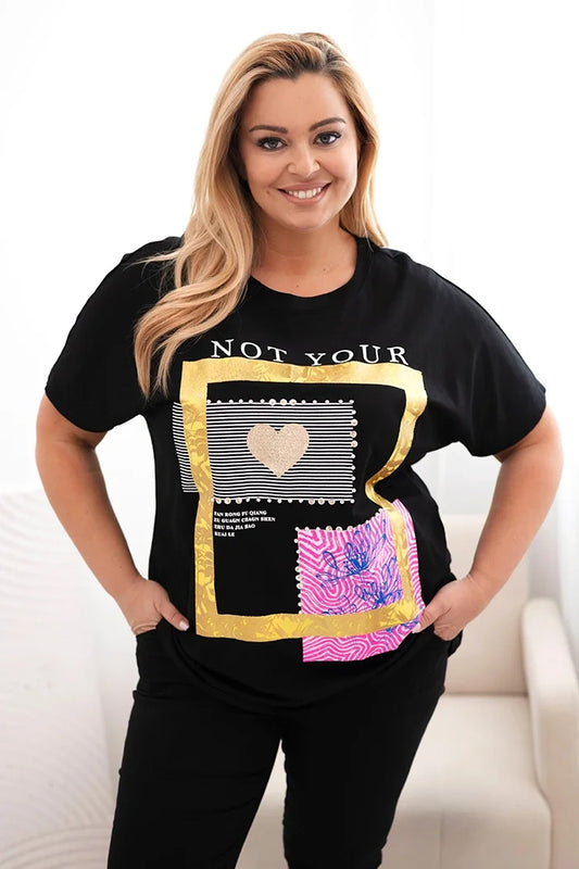 Dámska bavlnená blúzka Plus Size so zlatým nápisom čierna + žltá univerzálne