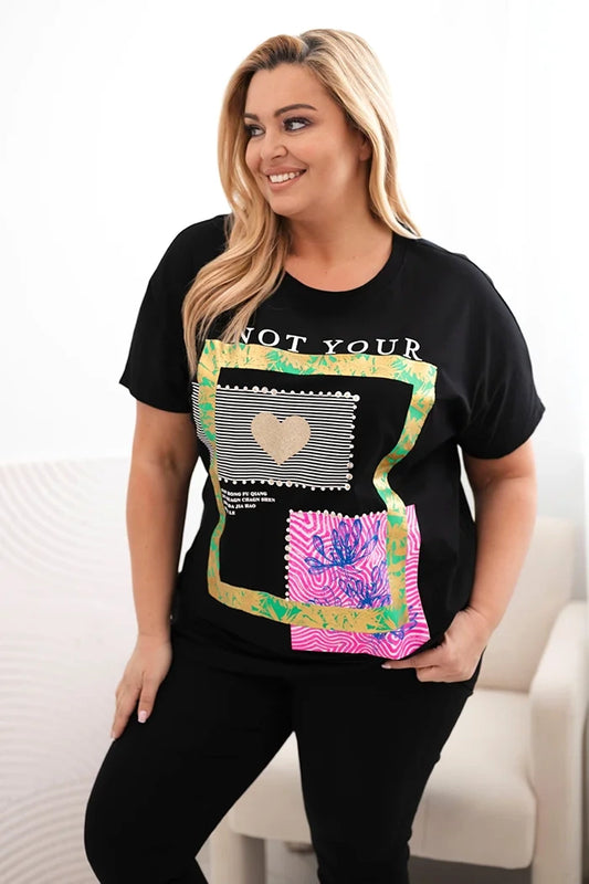 Dámska bavlnená blúzka Plus Size so zlatým nápisom čierna + zelená univerzálne