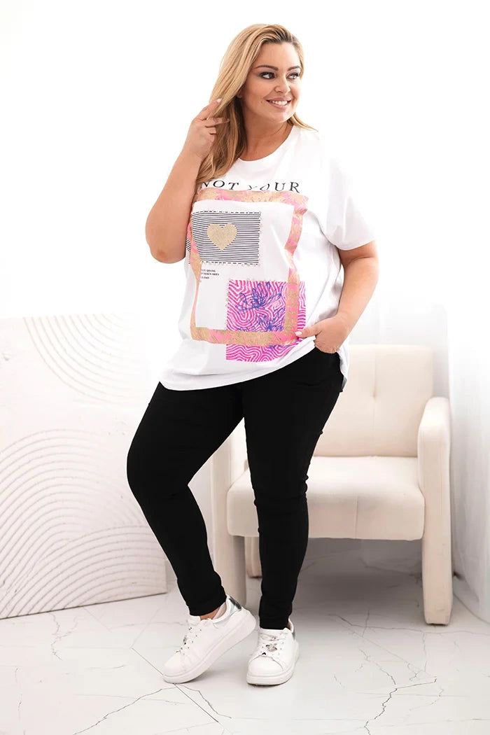 Dámska bavlnená blúzka Plus Size so zlatým nápisom biela + ružová univerzálne