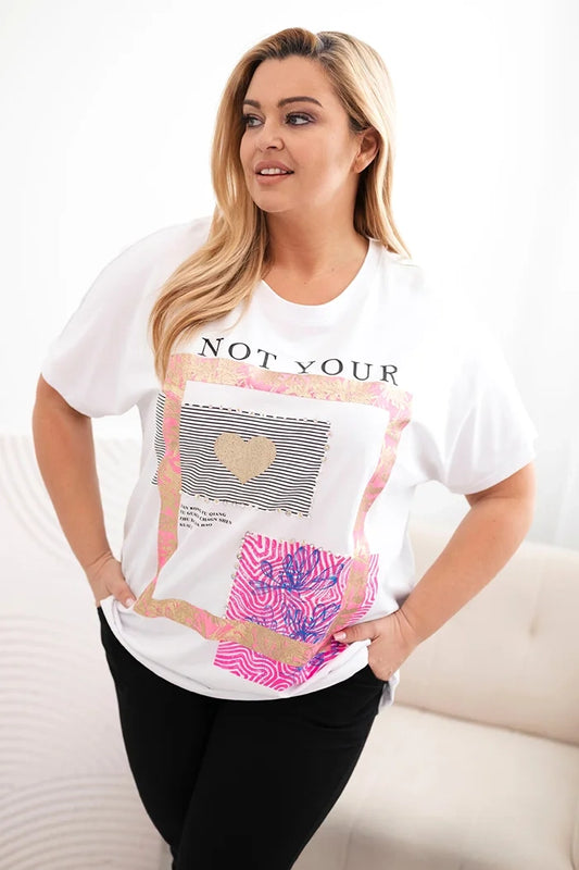 Dámska bavlnená blúzka Plus Size so zlatým nápisom biela + ružová univerzálne