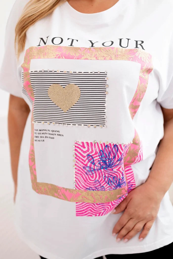 Dámska bavlnená blúzka Plus Size so zlatým nápisom biela + ružová univerzálne