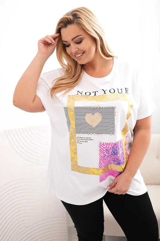 Dámska bavlnená blúzka Plus Size so zlatým nápisom biela + žltá univerzálne