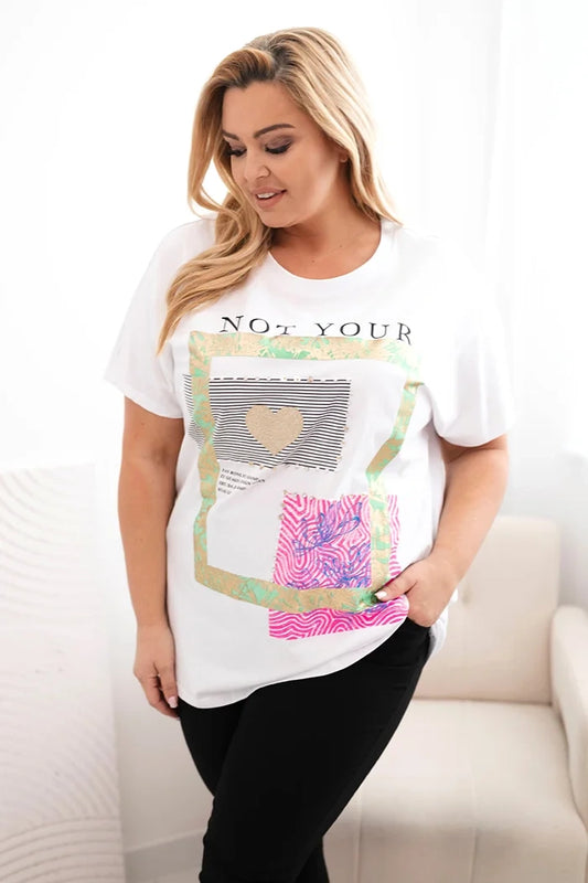 Dámska bavlnená blúzka Plus Size so zlatým nápisom biela + zelená univerzálne