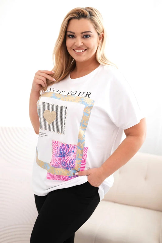 Dámska bavlnená blúzka Plus Size so zlatým nápisom biela + modrá univerzálne