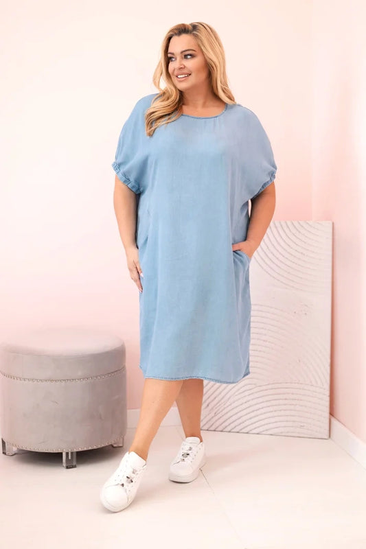 Dámske šaty Plus Size z lyocellu s riasením a vreckami svetlo džínsové univerzálne
