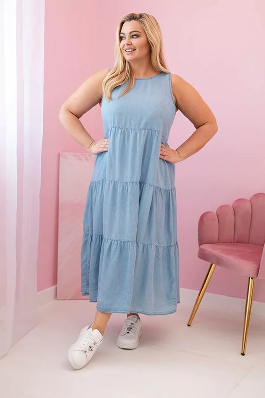 Dámske šaty Plus Size z lyocellu, rozšírené s volánmi ľahká džínsovina univerzálne