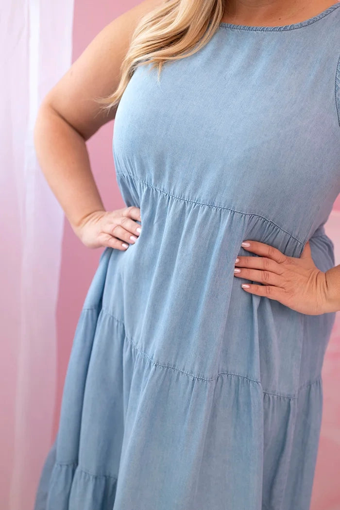 Dámske šaty Plus Size z lyocellu, rozšírené s volánmi ľahká džínsovina univerzálne