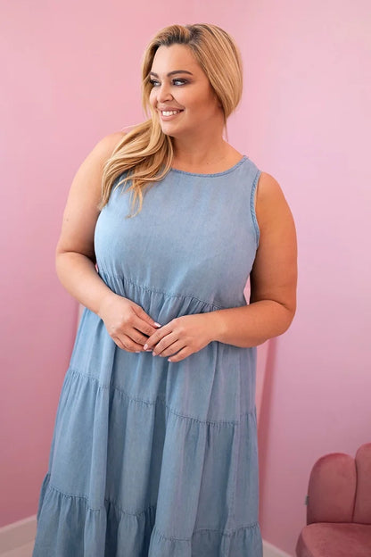 Dámske šaty Plus Size z lyocellu, rozšírené s volánmi ľahká džínsovina univerzálne