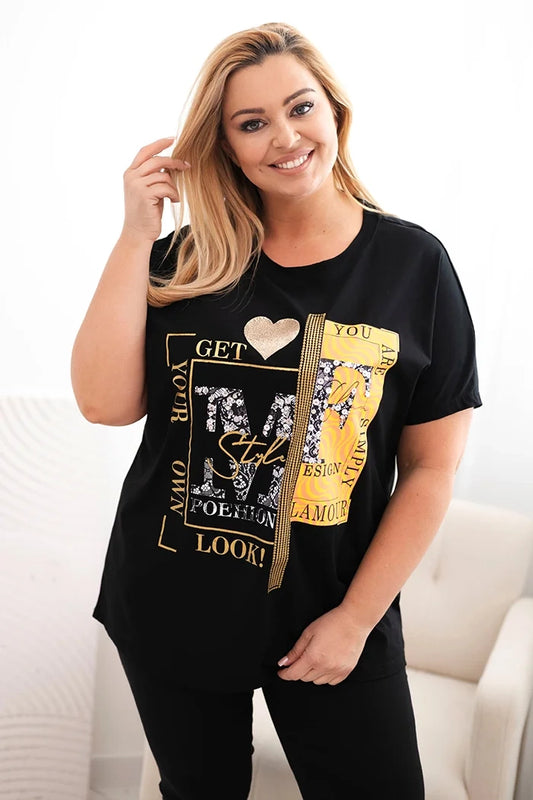 Bavlnená dámska blúzka Plus Size s potlačou a flitrami čierna + oranžová univerzálne