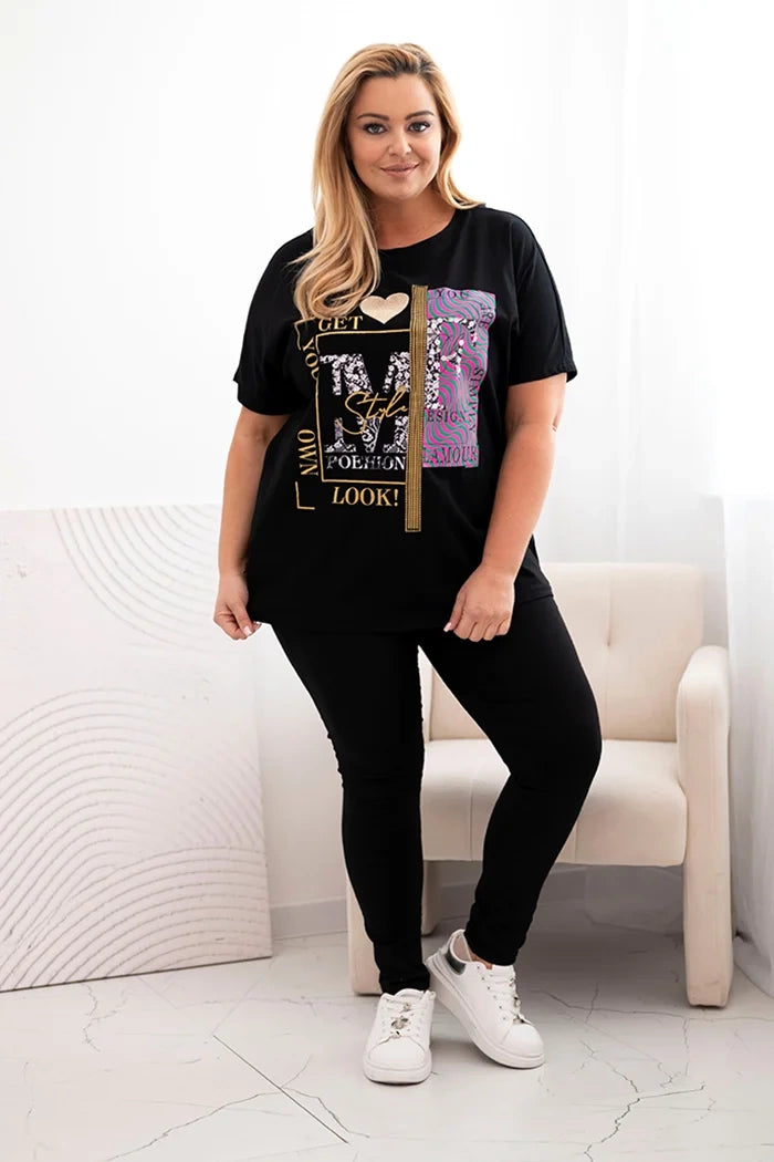 Bavlnená dámska blúzka Plus Size s potlačou a flitrami čierna + ružová univerzálne