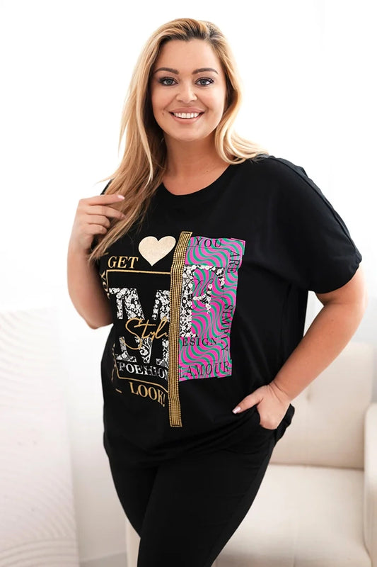 Bavlnená dámska blúzka Plus Size s potlačou a flitrami čierna + ružová univerzálne