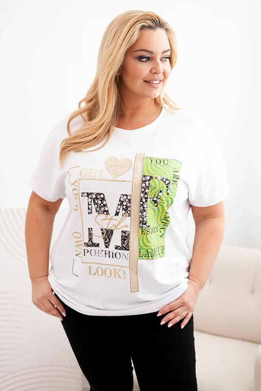 Bavlnená dámska blúzka Plus Size s potlačou a flitrami biela + zelená univerzálne
