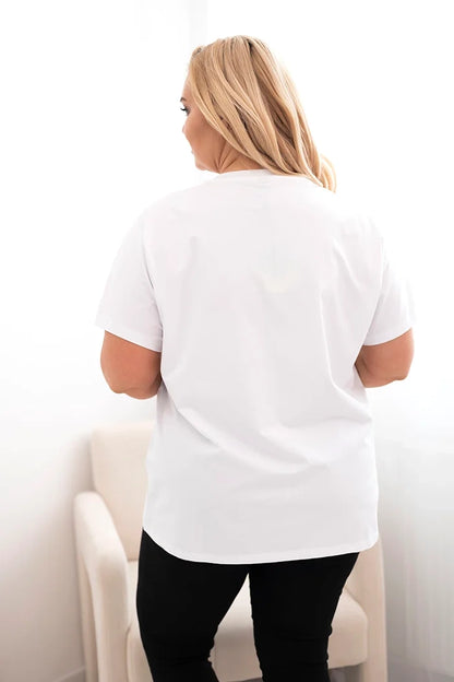 Bavlnená dámska blúzka Plus Size s potlačou a flitrami biela + oranžová univerzálne