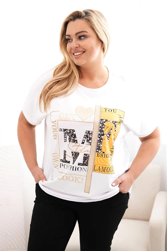 Bavlnená dámska blúzka Plus Size s potlačou a flitrami biela + oranžová univerzálne