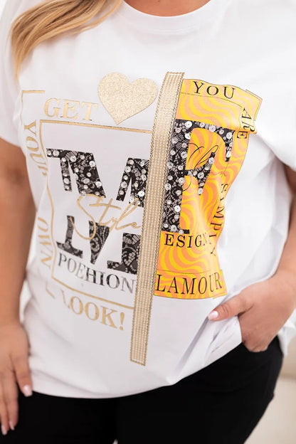 Bavlnená dámska blúzka Plus Size s potlačou a flitrami biela + oranžová univerzálne