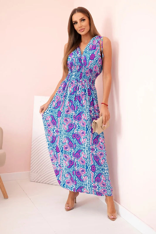 Dámske bavlnené šaty s hlbokým výstrihom a viazanými ramienkami nevädza modrá + fuchsia XL/XXL