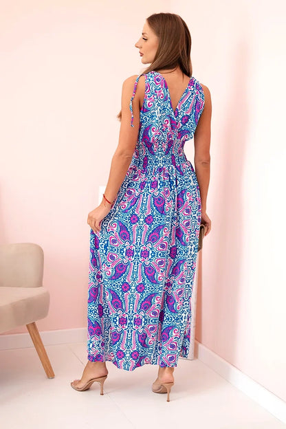 Dámske bavlnené šaty s hlbokým výstrihom a viazanými ramienkami nevädza modrá + fuchsia XL/XXL