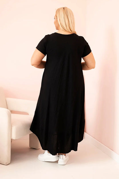 Dámske šaty plus size s krátkym rukávom a volánom z ľahkej viskózy čierna univerzálne