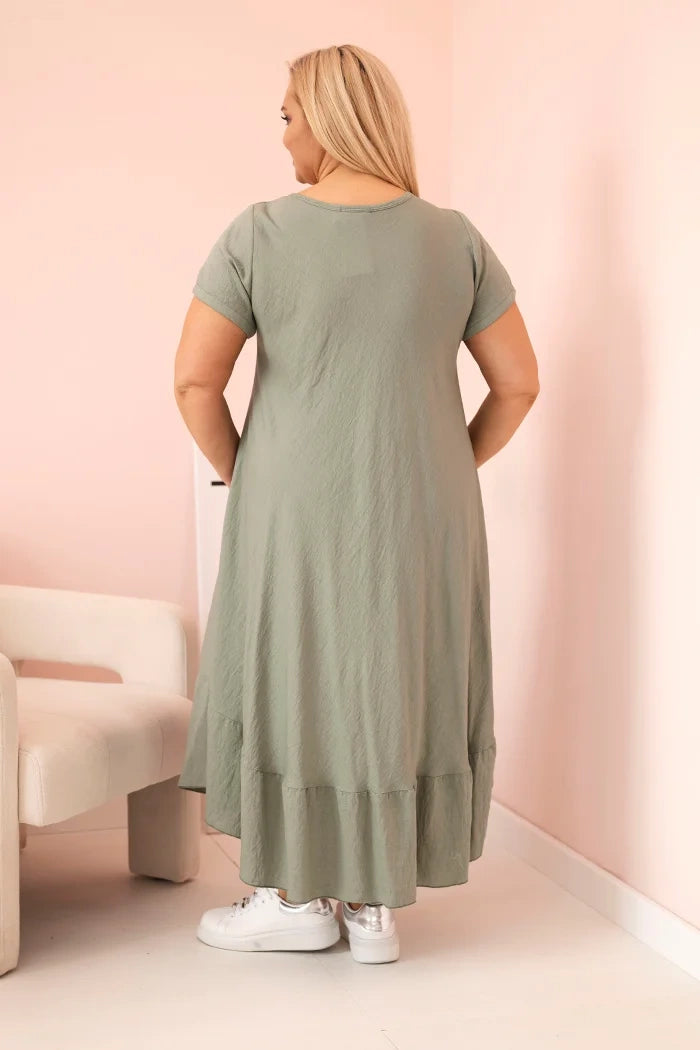 Dámske šaty plus size s krátkym rukávom a volánom z ľahkej viskózy khaki univerzálne