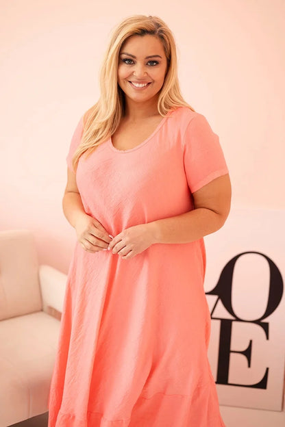 Dámske šaty plus size s krátkym rukávom a volánom z ľahkej viskózy ružová univerzálne