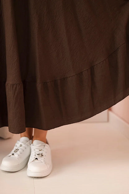 Dámske šaty plus size s krátkym rukávom a volánom z ľahkej viskózy hnedá univerzálne
