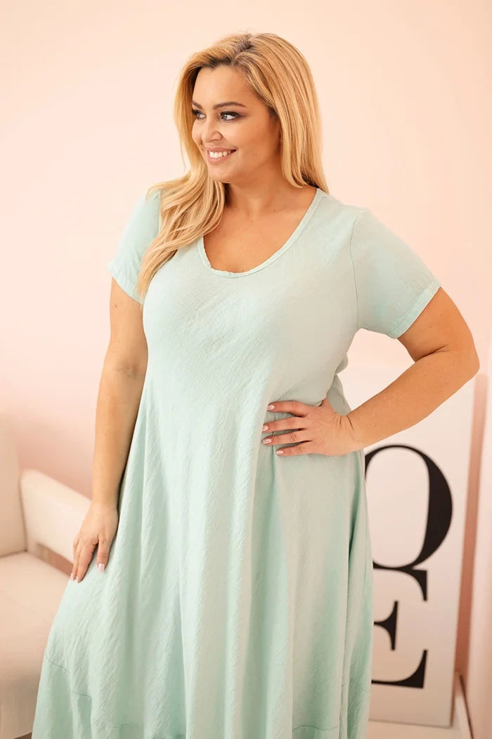 Dámske šaty plus size s krátkym rukávom a volánom z ľahkej viskózy mätová univerzálne