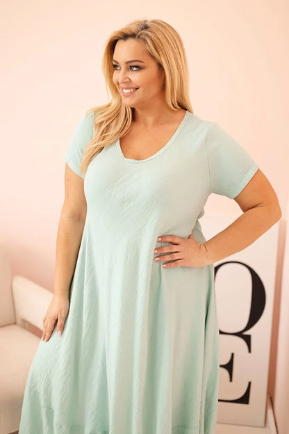 Dámske šaty plus size s krátkym rukávom a volánom z ľahkej viskózy mätová univerzálne