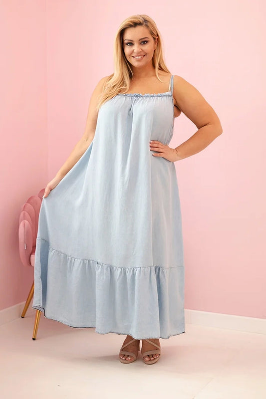 Dámske plus size šaty na ramienka s volánom svetlá rifľovina univerzálne