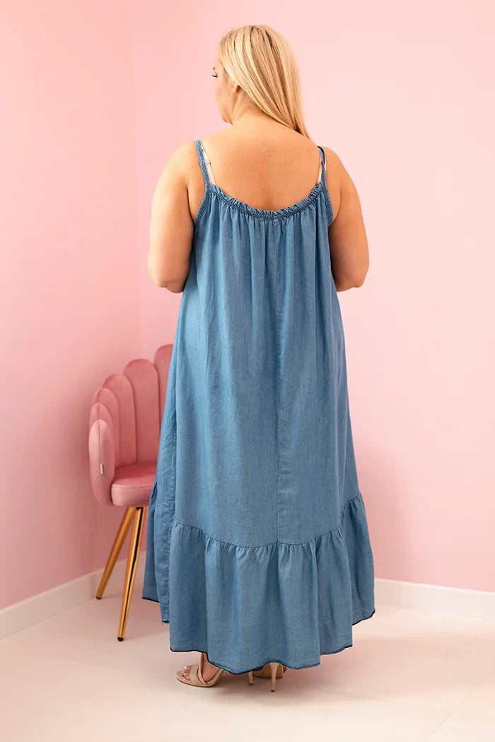 Dámske plus size šaty na ramienka s volánom rifľovina univerzálne