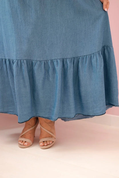 Dámske plus size šaty na ramienka s volánom rifľovina univerzálne