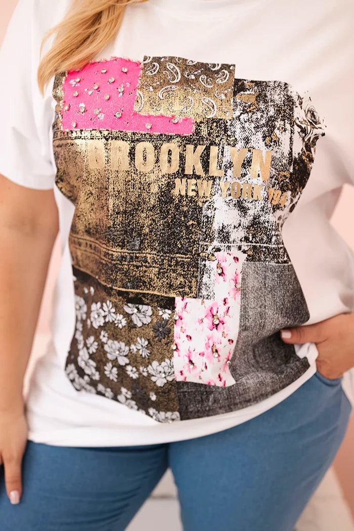 Dámska bavlnená blúzka Plus Size s farebnou potlačou biela + ružová univerzálne